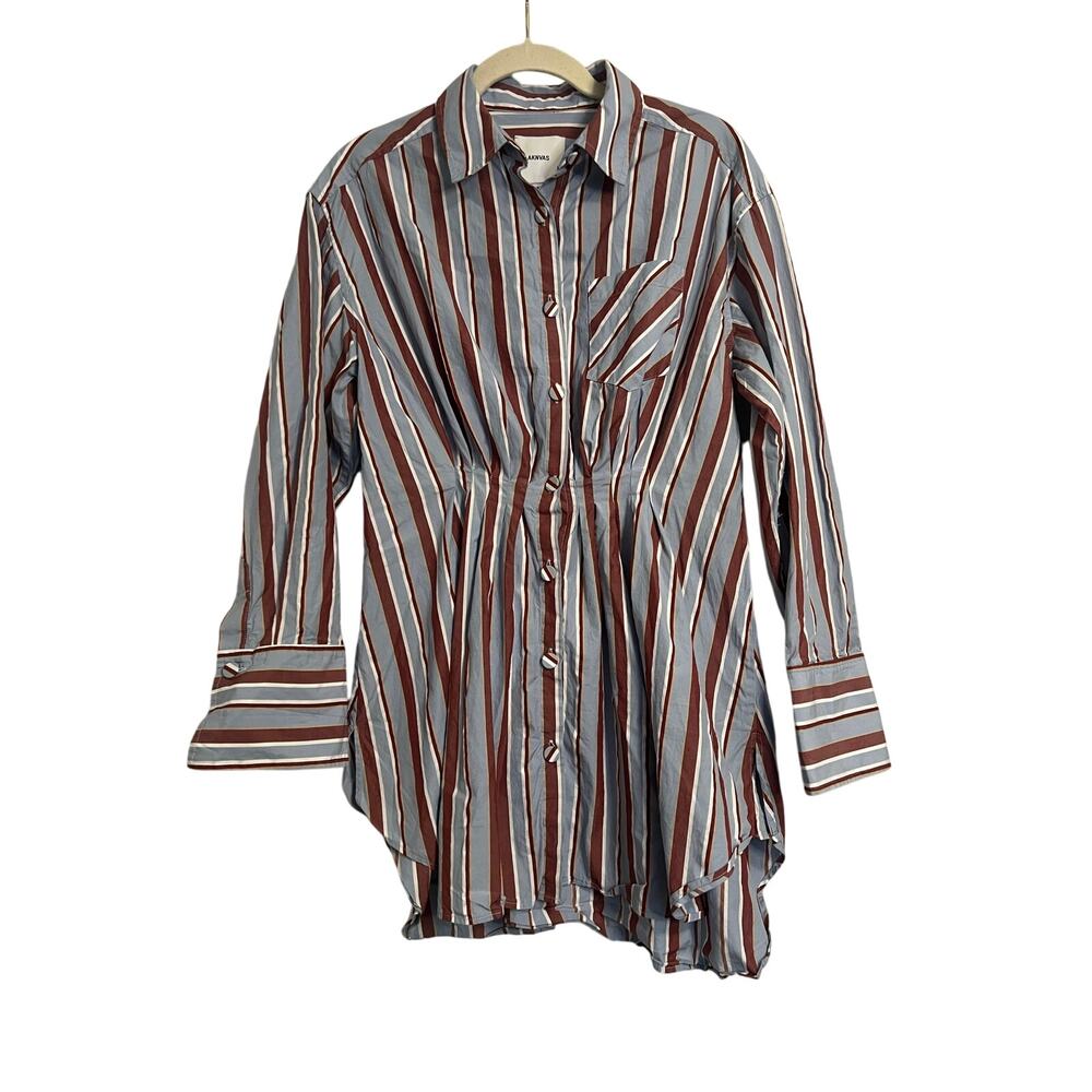 AKNVAS Blue White Striped Long Sleeve Button Down Pocket Pleated Top Sz 4